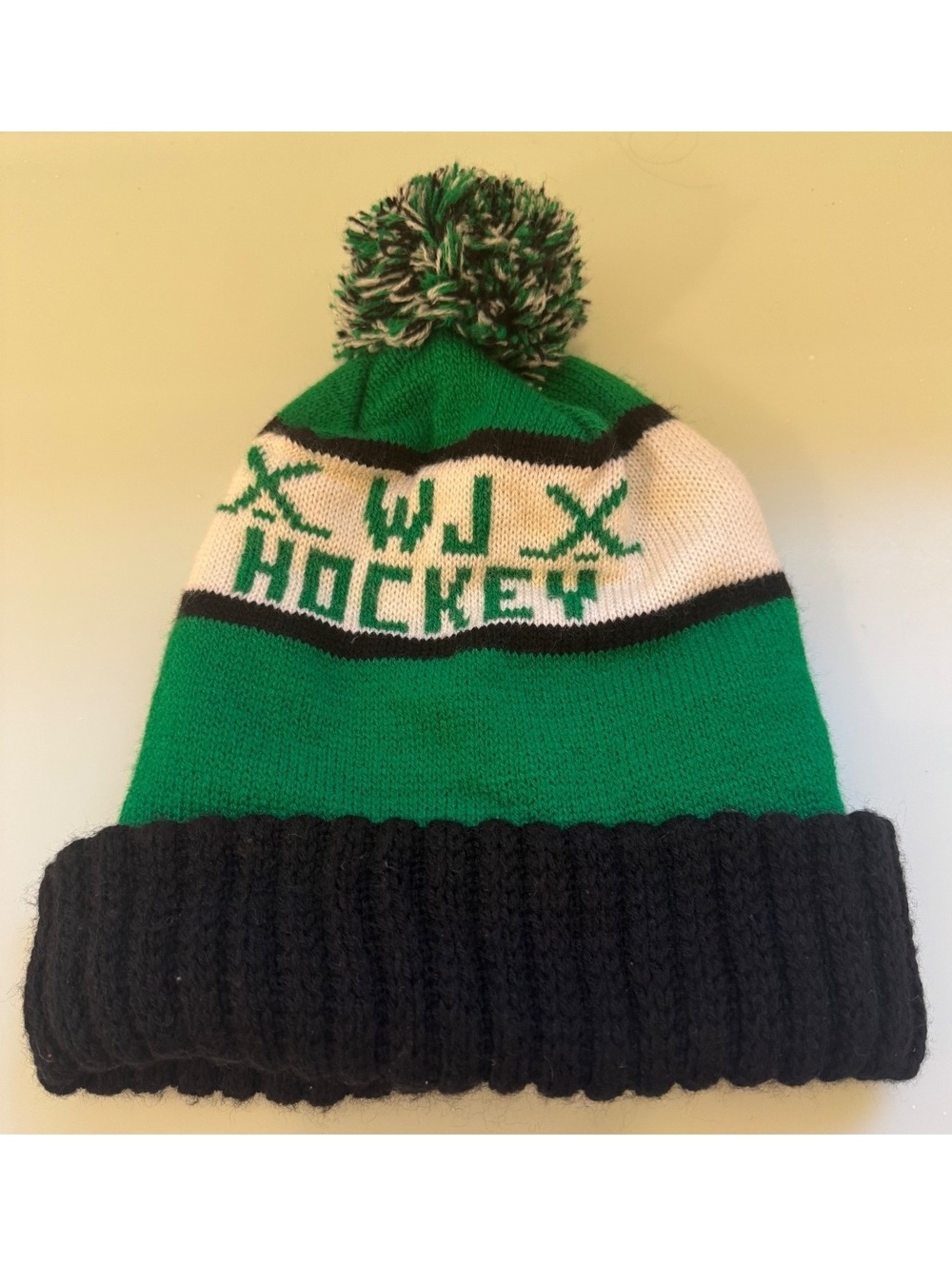 WJ Hockey Green and Black Knit Pom-Pom Beanie Hat